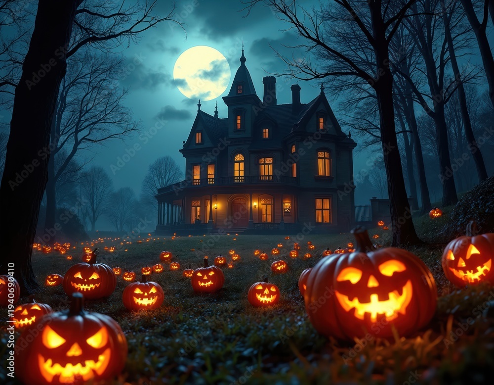 Fototapeta premium Spooky mansion at night with carved pumpkins lit on lawn. Full moon illuminates bare trees, eerie fog blankets grounds. Dark haunted house, spooky season vibes.