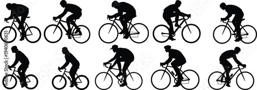 Cyclist silhouettes collection, road bike riders poses set, black isolated sport icons, editable shapes, flat vector illustration bundle