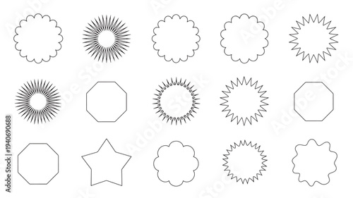 Shapes starburst octagon and flower outline collection with black lines on white background for design elements