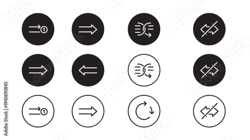 Icons set with various arrows and symbols representing direction, sequence, and restrictions on a white background