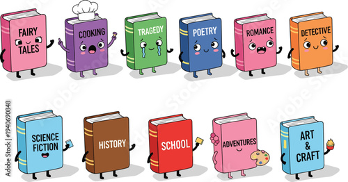 Cute cartoon book characters set with different genres, funny educational literature mascots for school, reading and learning illustration