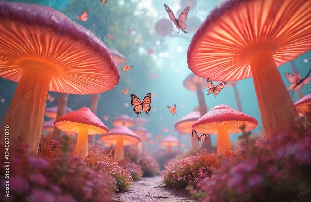 Obraz premium Giant glowing mushrooms line forest path with butterflies fluttering around. Pink, orange fungi create magical, dreamlike atmosphere. This enchanted scene evokes fantasy nature adventure for viewers.