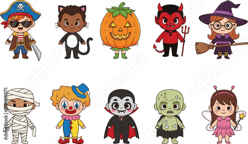 Cute Halloween kids characters set with pirate, witch, vampire, mummy, clown and pumpkin costumes, colorful cartoon illustration collection