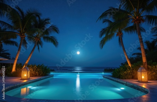 Nighttime swimming pool by ocean under starry sky with full moon. Palm trees frame tranquil scene. Soft light from lanterns illuminates deck and water.