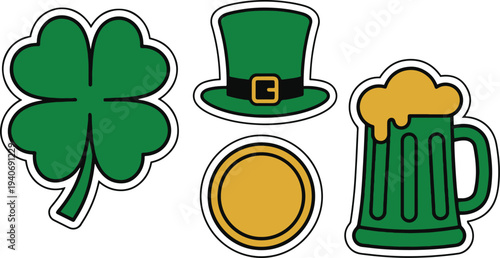 St. Patrick's Day Vector Sticker Pack with Shamrock, Hat, Coin, and Green Beer