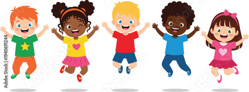 Happy diverse kids jumping cartoon characters set, joyful children playing together, colorful illustration for education, school and friendship concept