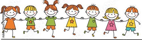 Happy cartoon kids holding hands together, cute children friendship illustration, playful school group drawing for education and teamwork