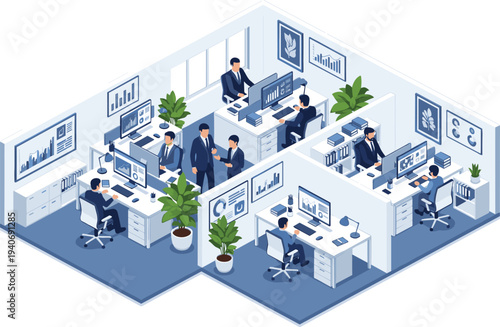 Isometric modern office workspace with employees working at computers, corporate teamwork environment with analytics dashboards vector illustration