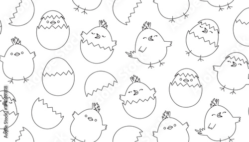 Chicks hatching from cracked eggs, a simple black and white outline illustration pattern of baby birds