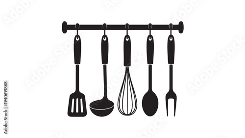 Kitchen utensils hanging from a rack, showcasing various cooking tools in a sleek black design against a clean backdrop, viewed from the front.