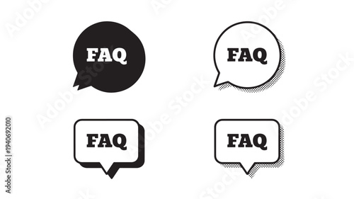 Speech bubble icons with FAQ text in solid black and outline styles with halftone shading, representing questions.