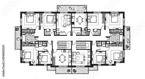 Architectural Multi-Unit Apartment Floor Plan Blueprint Showing Room Layouts and Shared Spaces