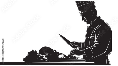 Skillful chef silhouette preparing fresh ingredients with precision, showcasing culinary artistry and dedication in professional food preparation