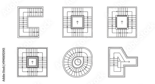 Architectural Staircase Plans and Floor Layouts Showing Various Spiral, Square, U and L-Shaped Stairs