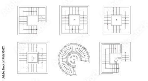 Architectural Staircase Plans and Floor Layouts Showing Various Spiral, Square, U and L-Shaped Stairs