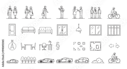 Minimal Line Icon Set of People, Business, Home, Furniture and Transport Elements for Design