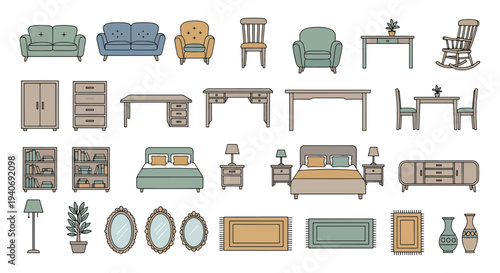 Home Furniture and Interior Decor Icons Set — Living Room and Bedroom Illustration Pack