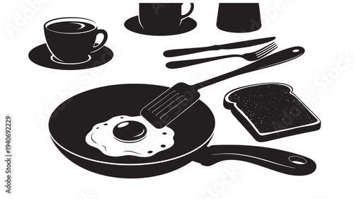 A black and white illustration of a frying pan with egg and cooking utensils alongside coffee cups on saucers from a top-down viewpoint.