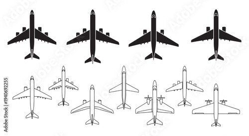 Top View Airplane and Jet Silhouettes Set - Aircraft Icons and Line Drawings for Aviation Design