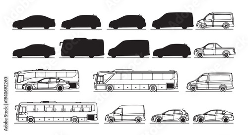 Vehicle Silhouettes and Side Elevation Line Drawings of Cars, Vans, Buses and Commercial Vehicles