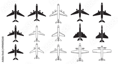 Top View Airplane and Jet Silhouettes Set - Aircraft Icons and Line Drawings for Aviation Design