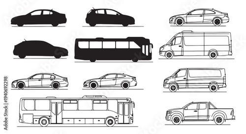 Vehicle Silhouettes and Side Elevation Line Drawings of Cars, Vans, Buses and Commercial Vehicles