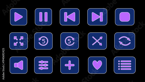 Collection of UI,UX media control icons in a minimalist style. Suitable for app interface and multimedia navigation design.  Play, pause, forward, rewind, stop,  volume, shuffle, repeat and more.