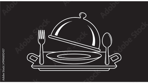 An elegant dining setting with a covered dish, fork, and spoon on a tray from a front viewpoint