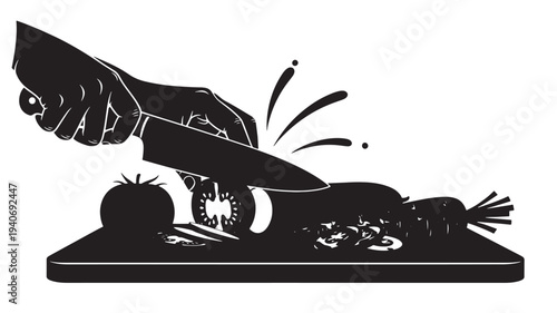 A hand skillfully chops vegetables on a cutting board with a sharp knife in a kitchen environment from a top-down viewpoint