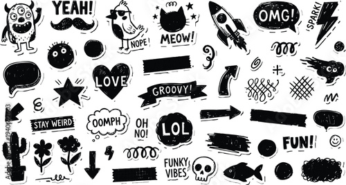 Set of black ink doodle stickers with text like wow and groovy and monster character