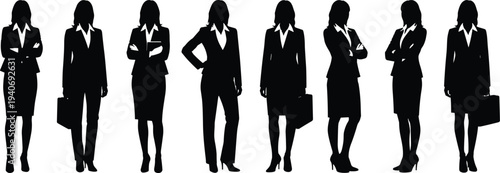 business women silhouettes set, professional female office poses collection, corporate lady characters isolated black vector illustration