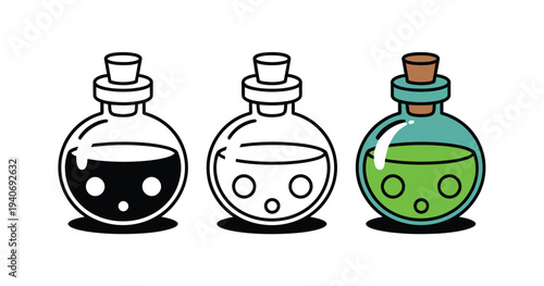 Three round glass flasks display liquid.