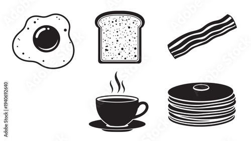 Assorted breakfast elements including egg, toast, bacon, coffee, and plates displayed together on a clean white background from a straightforward view