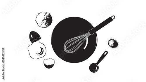 Whisk, salt shaker, and spoon illustration with ingredients, perfect for culinary and cooking related graphics and designs