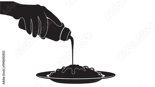 A hand pours sauce over a plate of pasta viewed from a slightly elevated angle in a simple graphic illustration