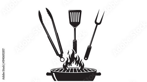 Barbecue grill with utensils and flames, a culinary setup for outdoor cooking, viewed from the front, showcasing kitchen tools and fire