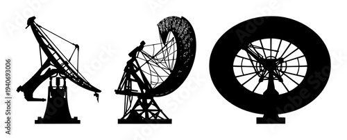 Satellite dish array set with solid black silhouette and geometric sharp profile featuring global data connectivity, communication, technology with internet and network