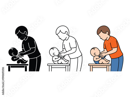 Father changes baby's diaper on table.