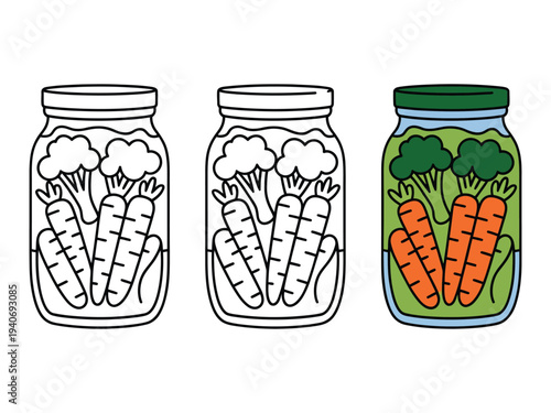 Jar icons show vegetable pickling process.