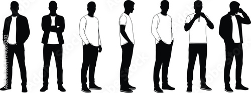 male silhouettes collection, casual men standing poses set, human characters different views isolated black vector illustration