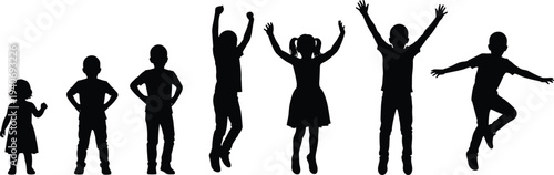kids silhouettes set, children standing and jumping poses collection, happy boys girls isolated black vector illustration