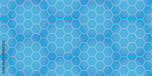 Blue hexagon pattern glowing abstract background, sci fi honeycomb grid with luminous cyan gradient and glossy metallic highlights, seamless texture with depth and ambient glow, modern tech atmosphere
