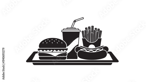 A fast food meal consisting of a burger, fries, and a drink is served on a tray, viewed directly from the front.