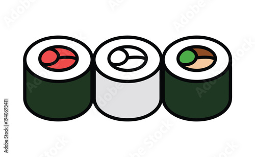 Three maki sushi rolls display varied.