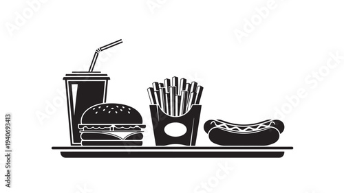 Graphic illustration of a fast food meal with a hamburger, french fries, hot dog, and soda on a tray, representing convenient dining