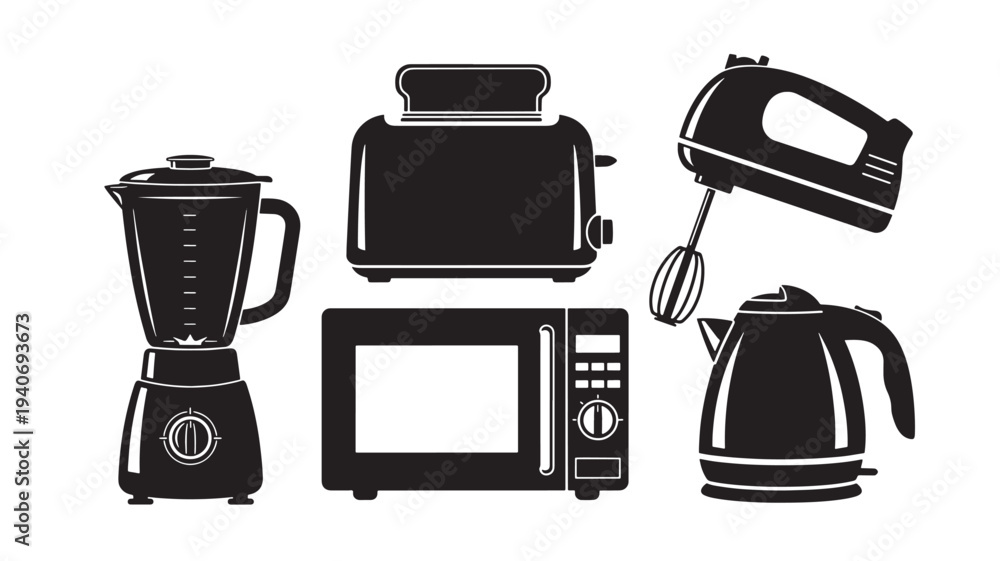 Fototapeta premium Various kitchen appliances including blender, toaster, microwave, mixer, and kettle are arranged neatly on a clean surface viewed from directly above