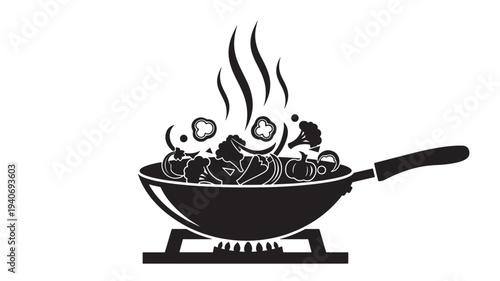 Monochrome icon showing a wok stir-frying fresh ingredients on a stove, symbolizing delicious, fast, and healthy meal preparation for culinary themes