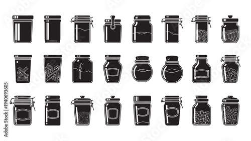 Collection of assorted jars and containers in various shapes and designs, showcasing different lids and contents, presented in a grid layout from a straightforward viewpoint.