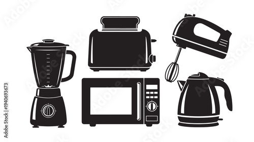Various kitchen appliances including blender, toaster, microwave, mixer, and kettle are arranged neatly on a clean surface viewed from directly above