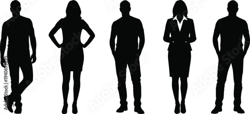 people silhouettes set, men women standing collection, business and casual characters, human figures isolated black vector illustration